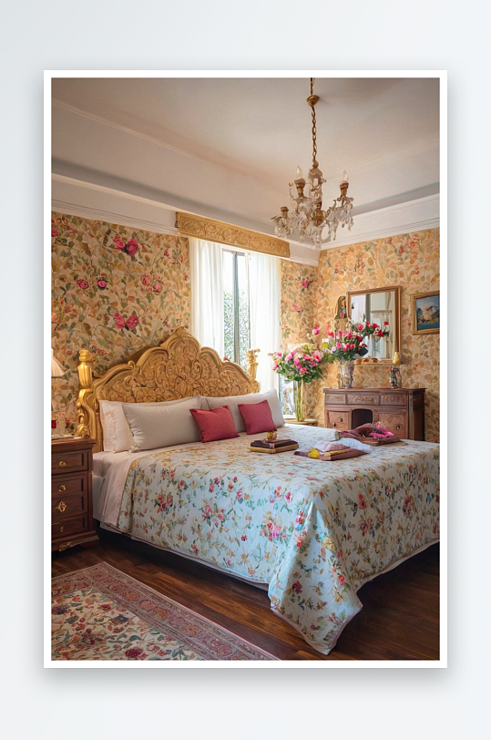 乡村别墅卧室双人床上方墙上有花卉装饰画廊