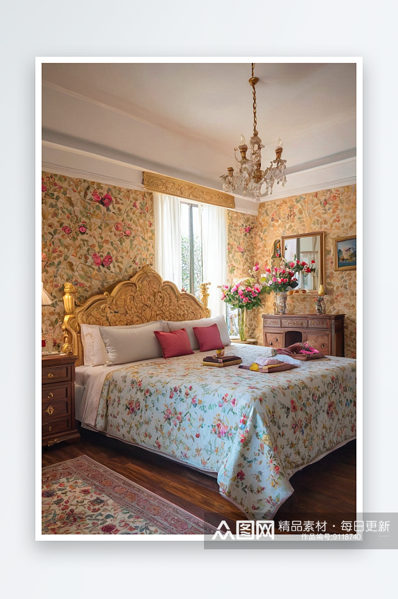 乡村别墅卧室双人床上方墙上有花卉装饰画廊素材