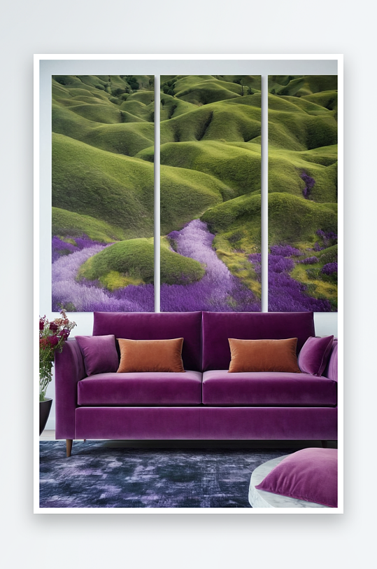 现代沙发与紫色天鹅绒盖对三联画景观图案墙