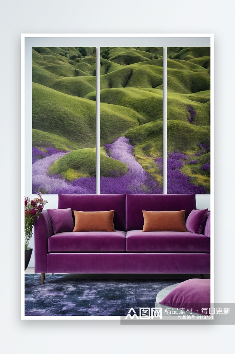 现代沙发与紫色天鹅绒盖对三联画景观图案墙素材