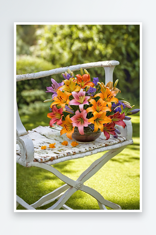 五颜六色百日菊万寿菊玻璃花瓶上古董花园椅