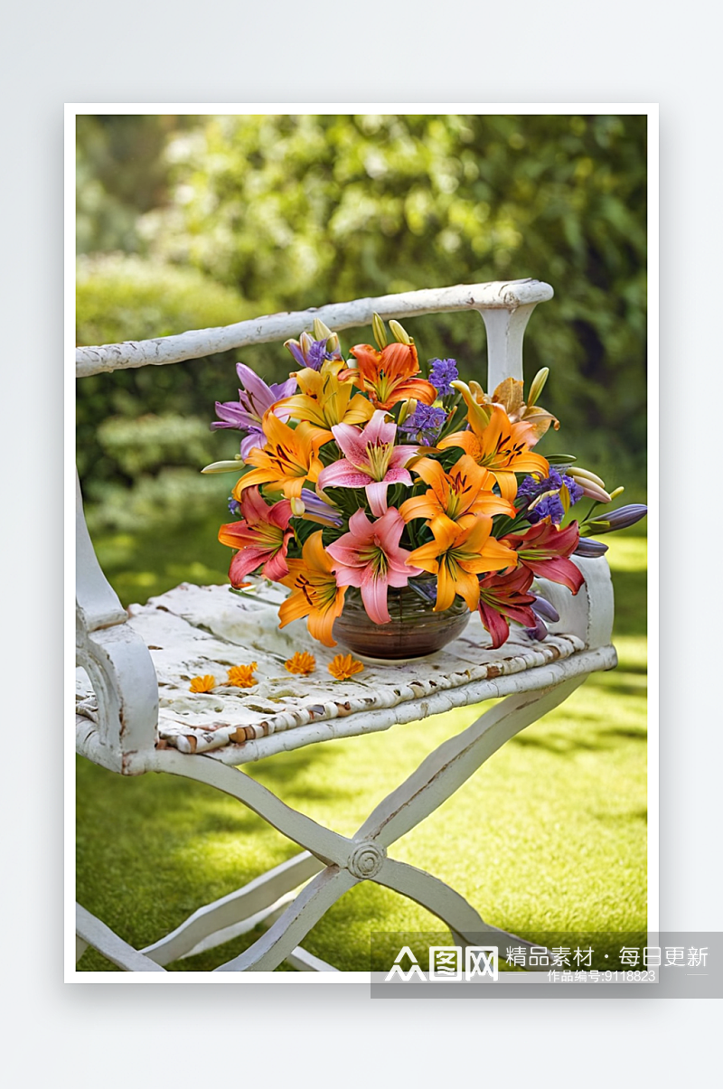 五颜六色百日菊万寿菊玻璃花瓶上古董花园椅素材