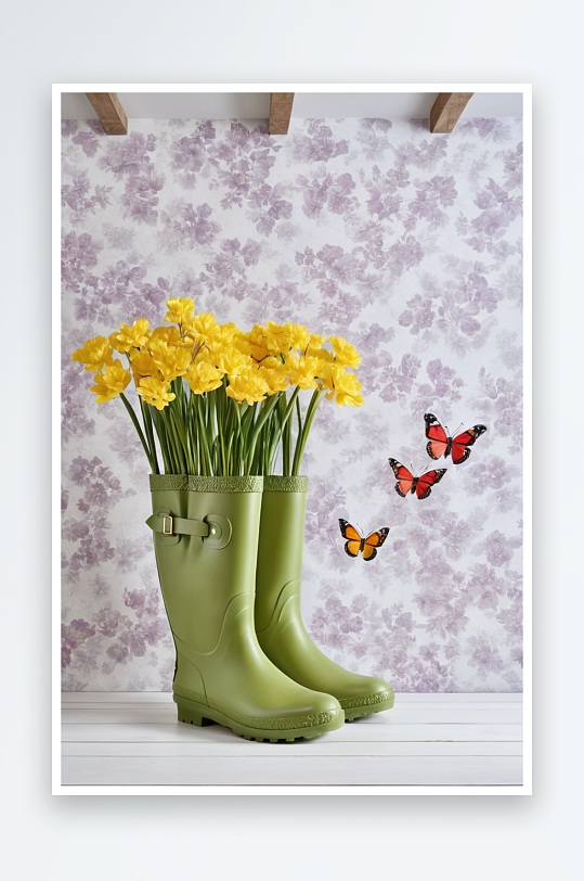 威灵顿长筒靴被用作春天花瓶装饰纸蝴蝶图片