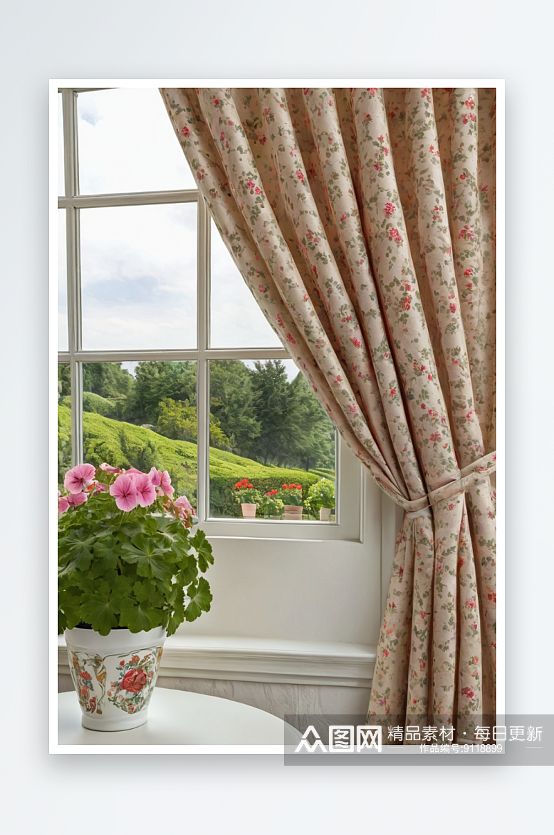 透过窗户可以看到窗帘天竺葵盆景图片素材