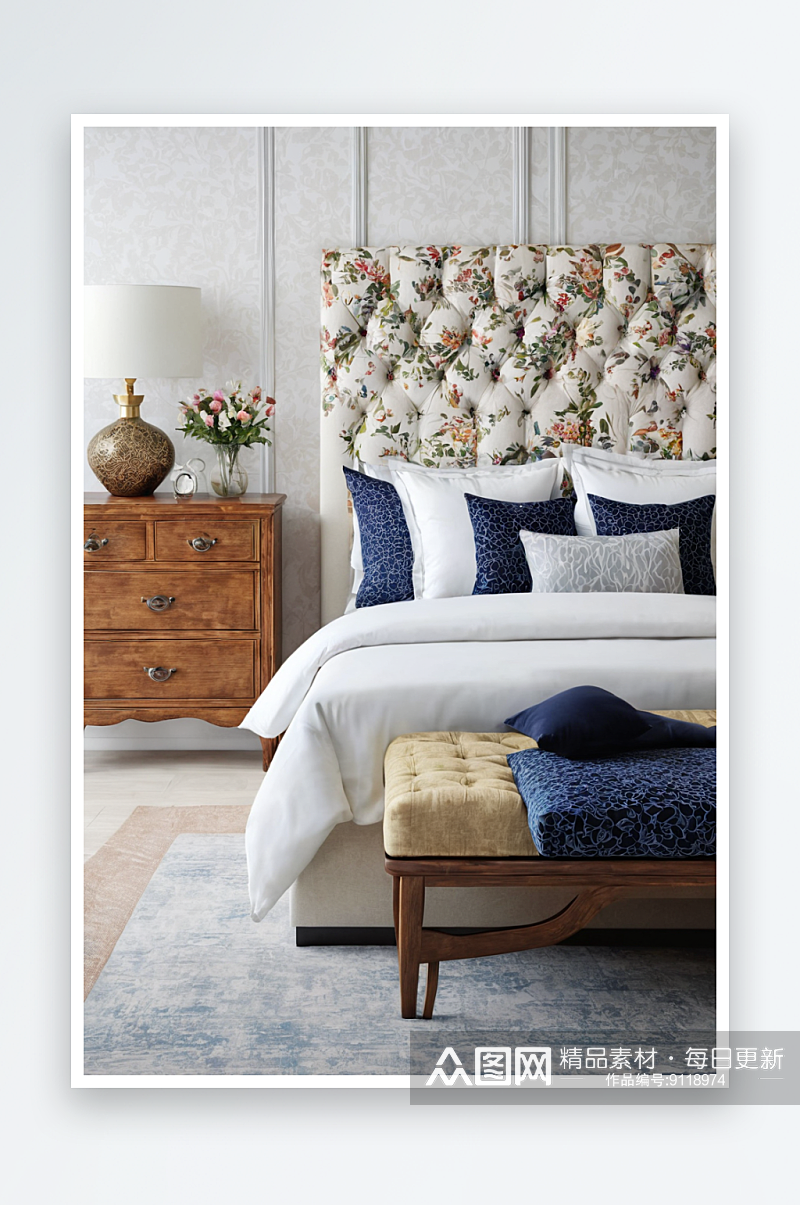 双人床配有枕头床头板床头装饰板置于卧室上素材