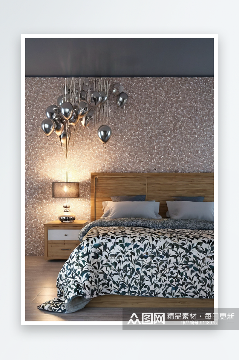 双人床床头板用竹子做成床头用银色气球做成素材