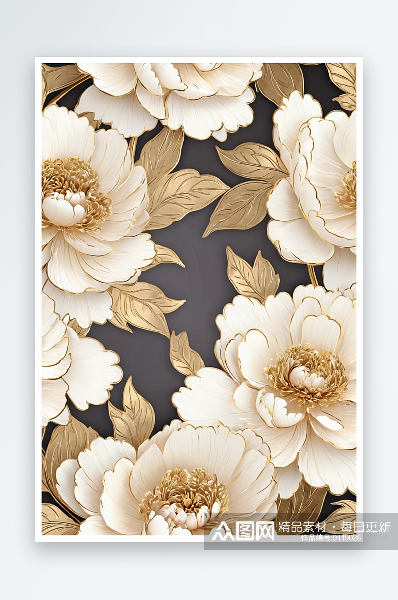 数码复古金色牡丹花卉装饰抽象图形海报背景素材