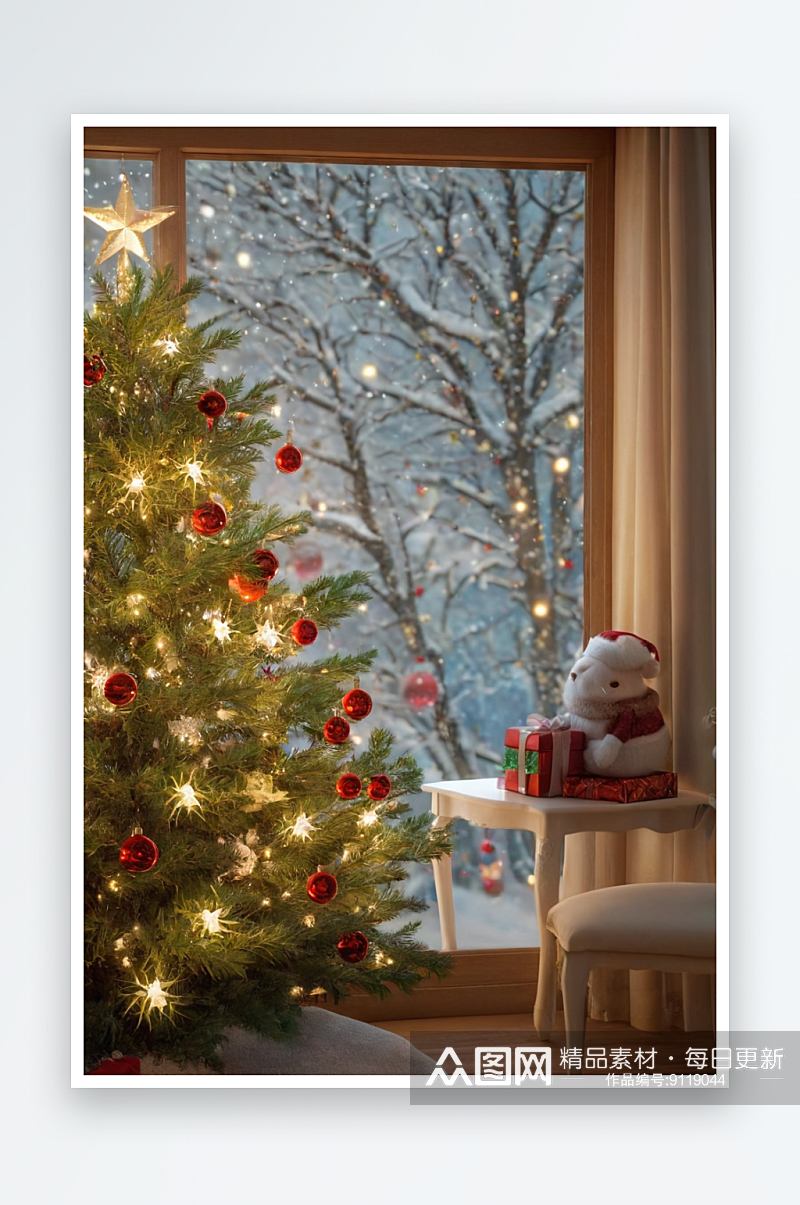 舒适座位窗户与圣诞装饰图片素材