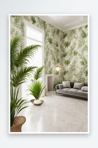 室内棕榈与蕨类图案墙纸客厅图片
