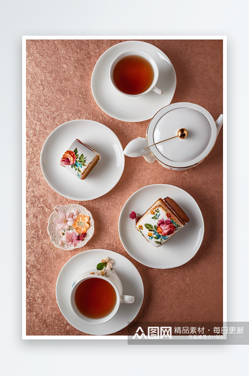 时尚茶具白色陶瓷餐具茶蛋糕照片素材