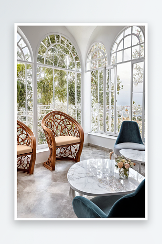 设计师冬季花园椅子与拱形窗户图片