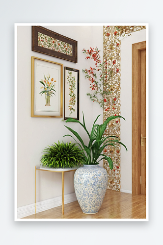 上面图片画廊边桌上室内植物收集传统地板花