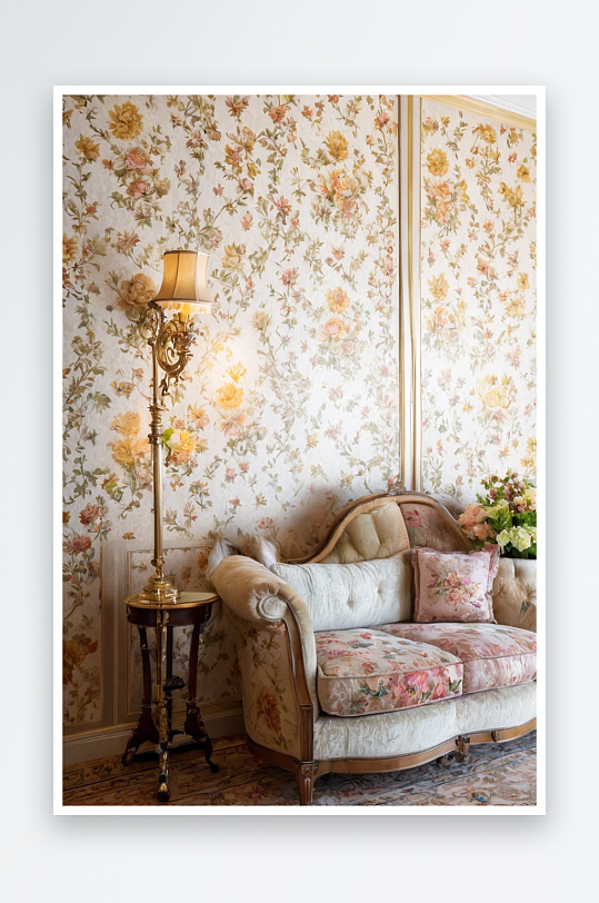 沙发标准灯靠墙与花卉墙纸图片