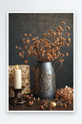 秋天干花与铁皮复古花器图片