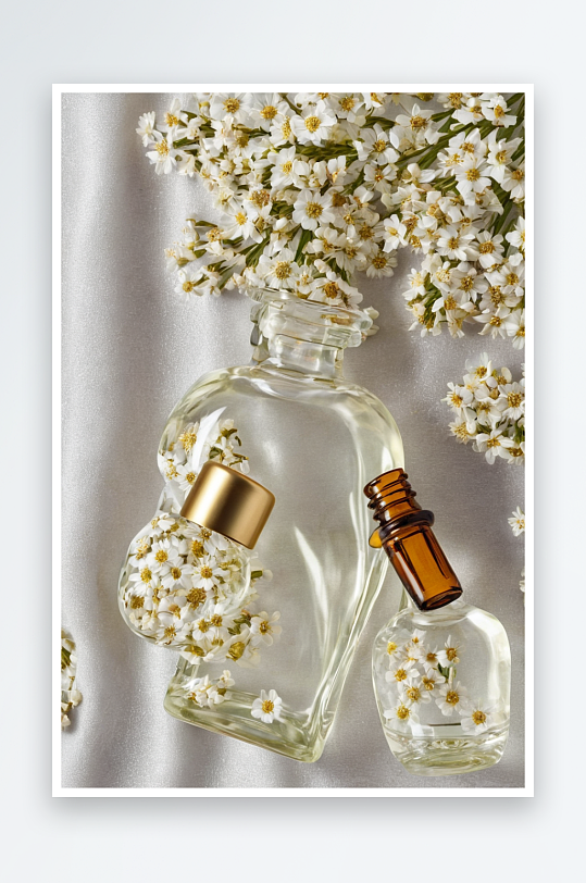 瓶子精油一个背景装饰着干白花朵图片