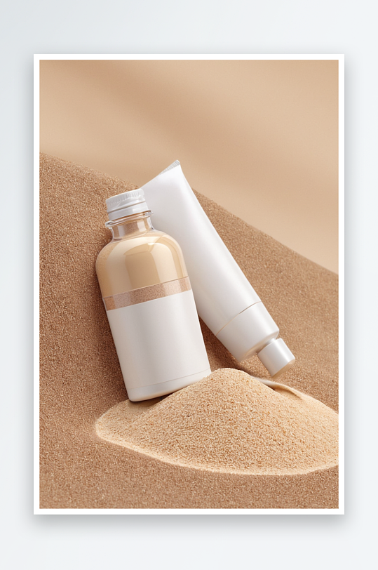 奶油瓶与空白标签米黄色沙接近化妆品包装模