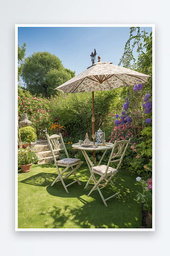 木制椅子折叠桌子夏季花园与复古方尖碑阳伞