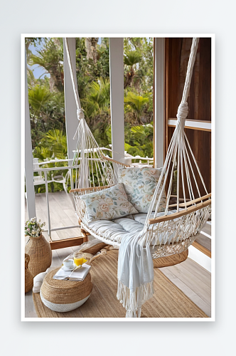 木制阳台上柳条椅吊床图片