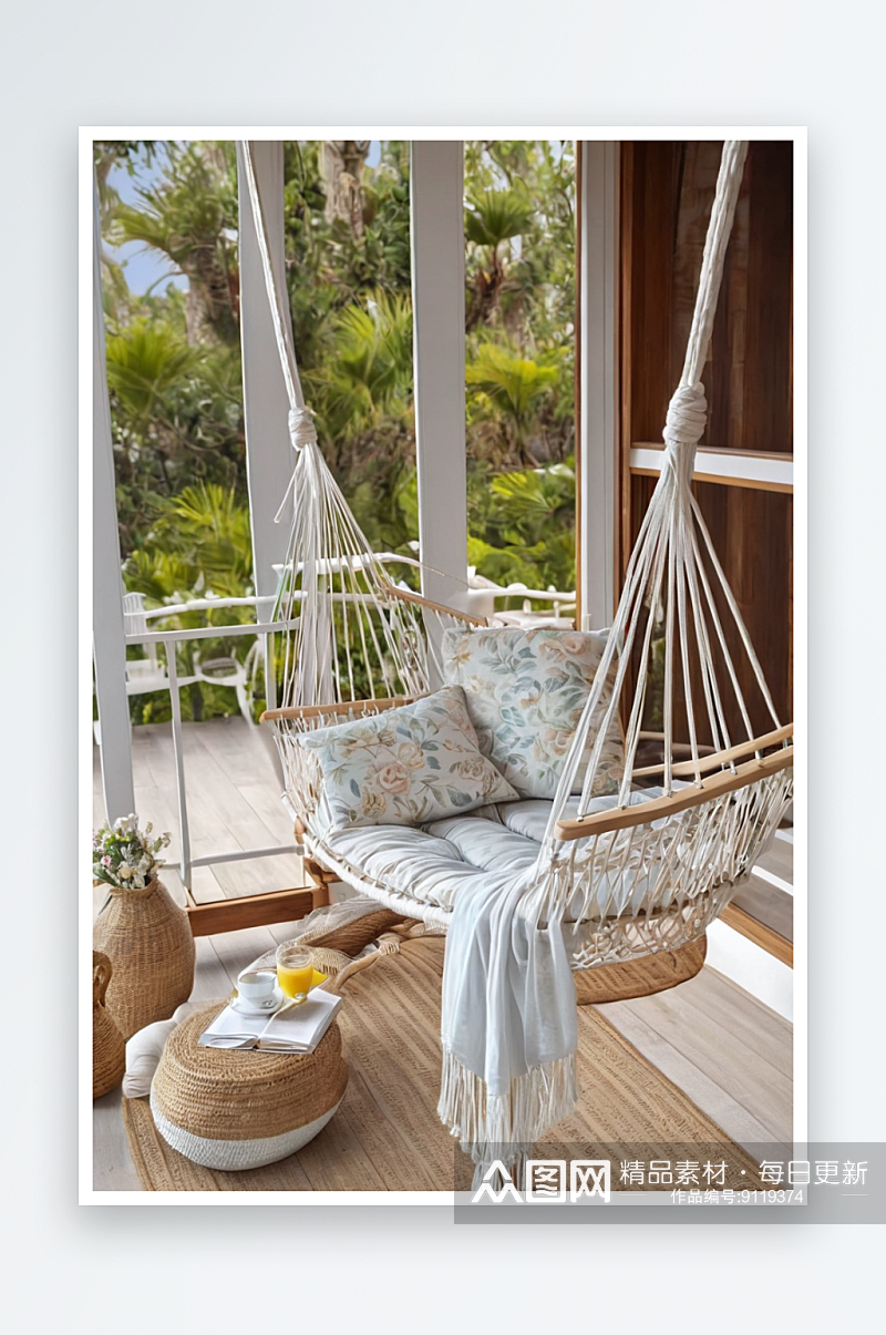 木制阳台上柳条椅吊床图片素材