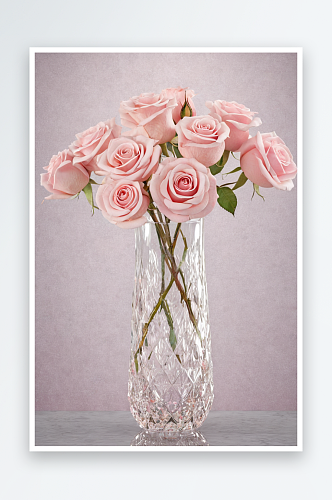 美丽浅粉色玫瑰水晶玻璃花瓶静物图像图片