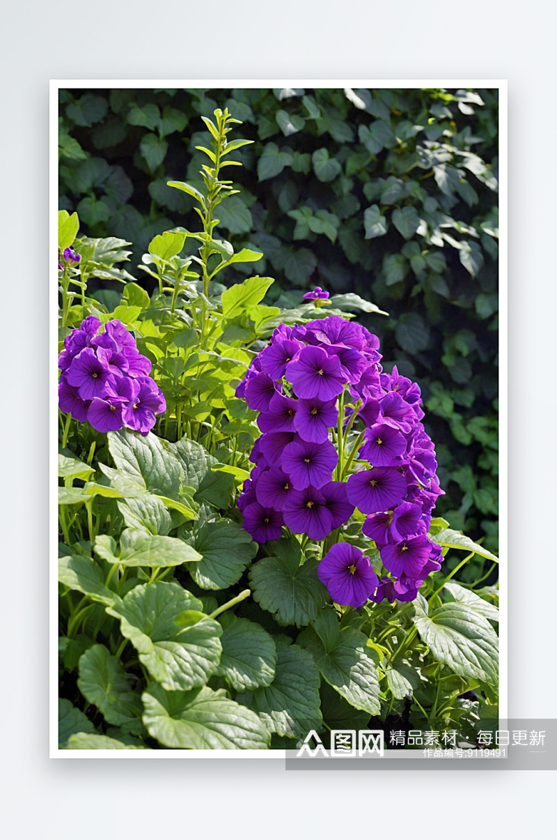 美丽充满活力紫色花朵生长花坛特写绿叶健康素材
