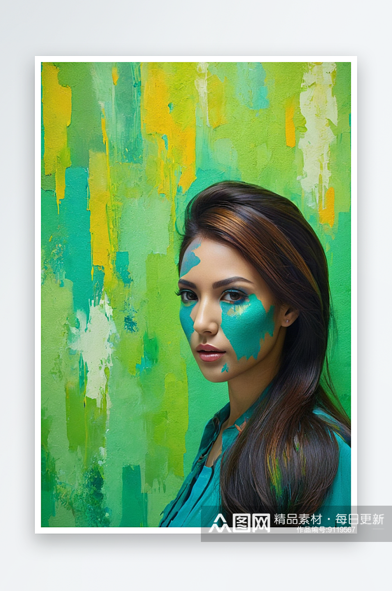 绿色墙壁附近抽象女性肖像当代艺术绘画图片素材