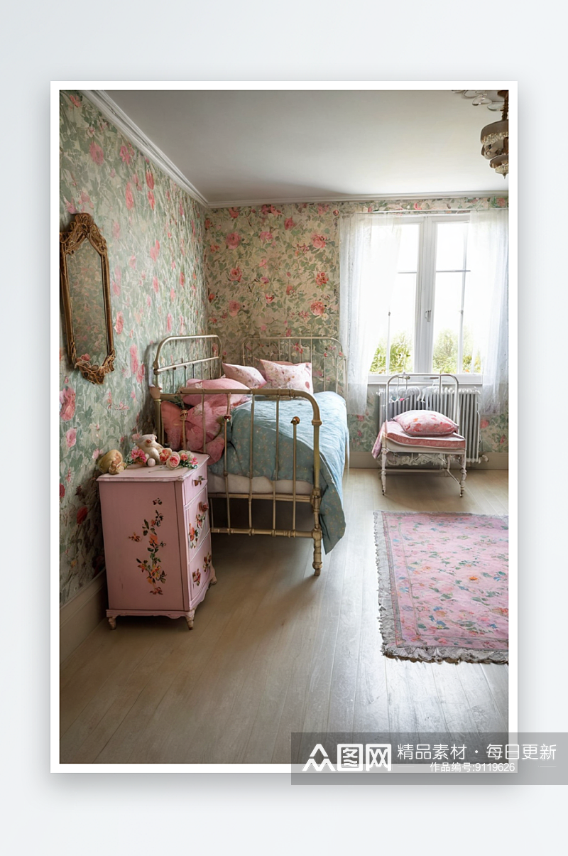 老式儿童卧室里有旧金属床花卉墙纸图片素材