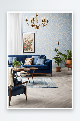 蓝色沙发地板上牛仔靠垫咖啡桌皮革覆盖椅子