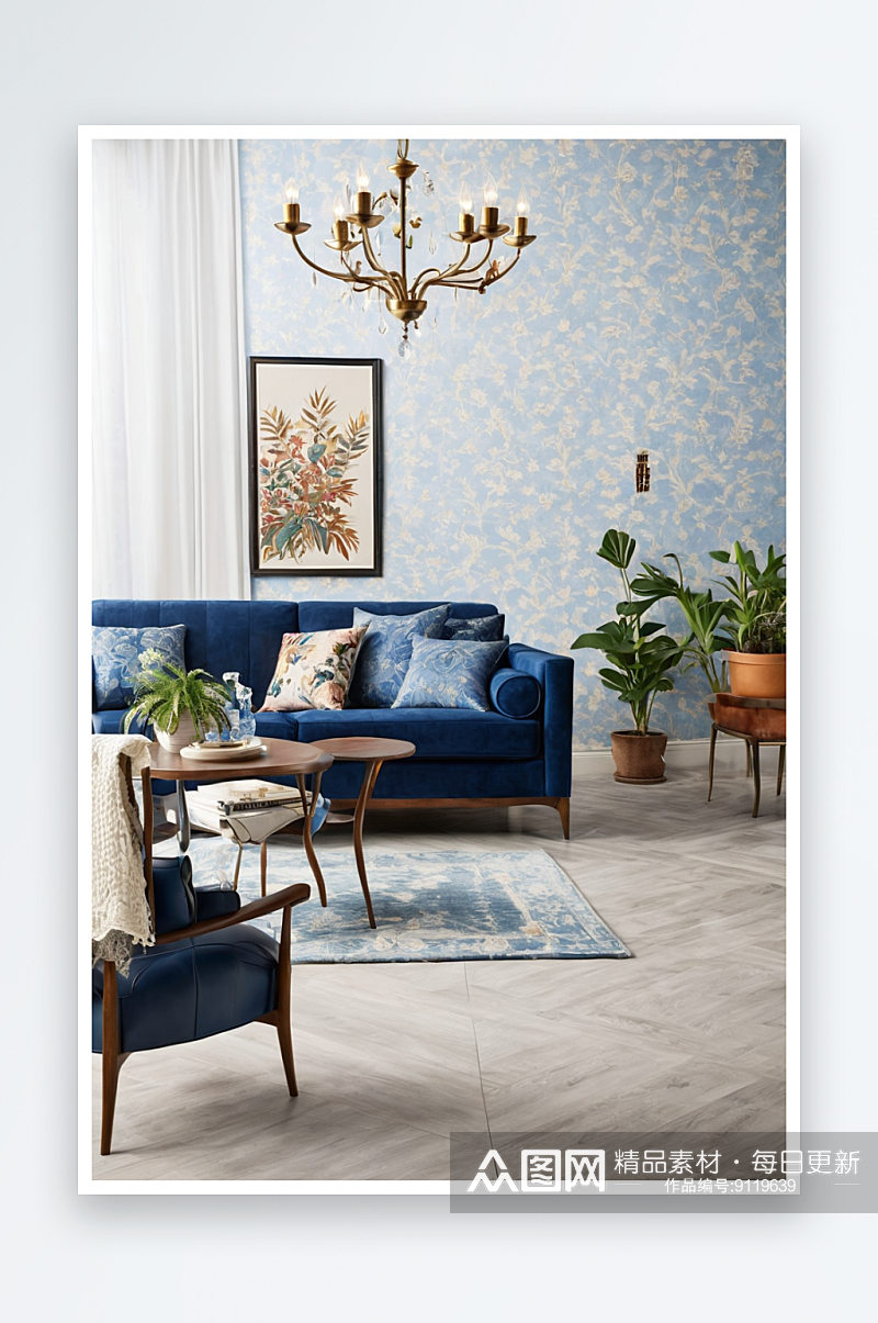 蓝色沙发地板上牛仔靠垫咖啡桌皮革覆盖椅子素材