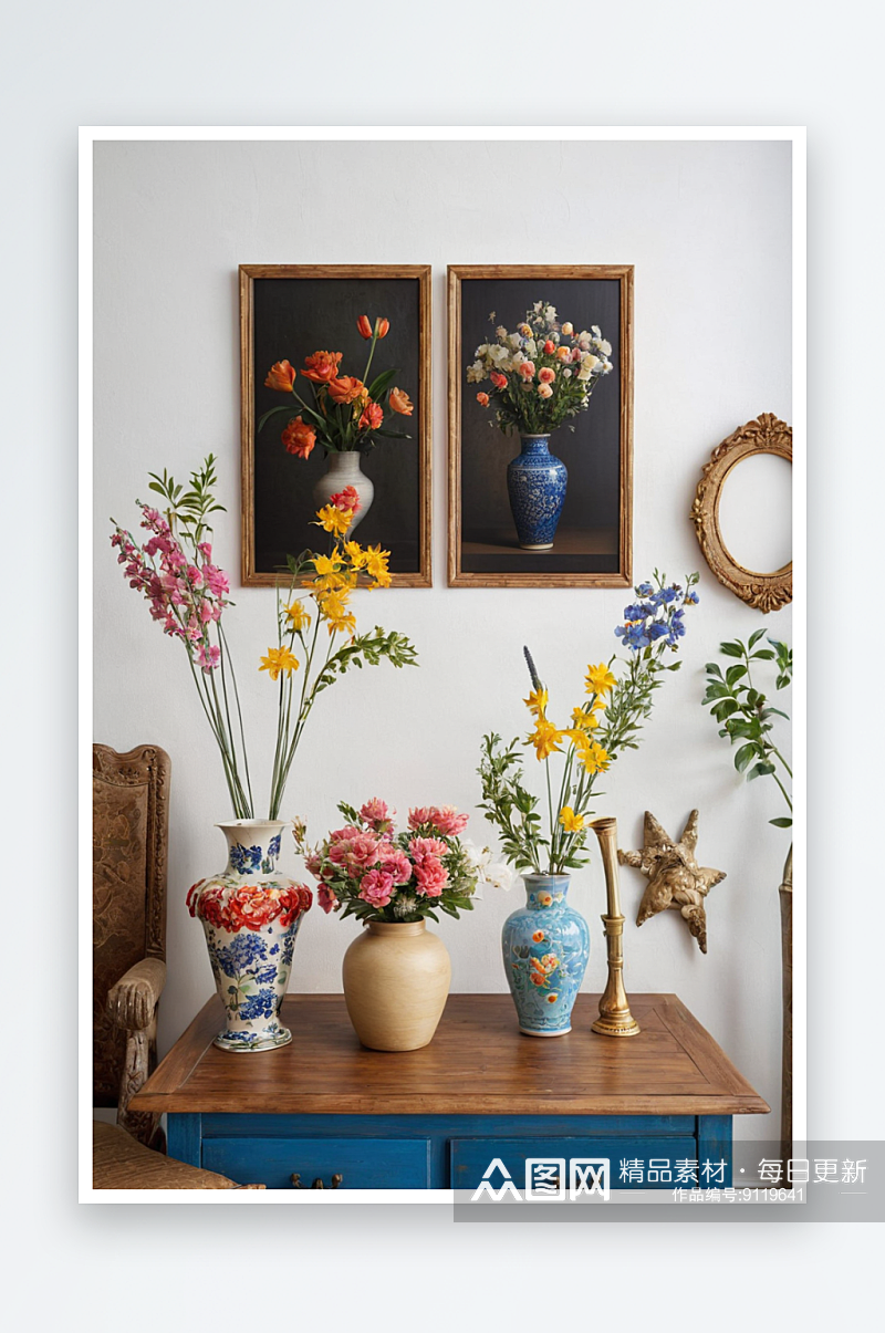 蓝色木桌上花瓶里有各种各样鲜花白色墙壁上素材