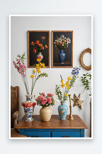 蓝色木桌上花瓶里有各种各样鲜花白色墙壁上