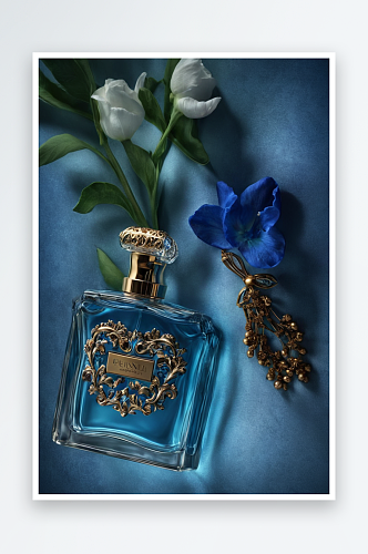蓝色背景香水瓶图片