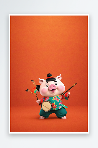 风猪春节系列之打鼓猪图片
