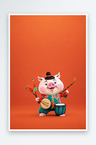 风猪春节系列之打鼓猪图片