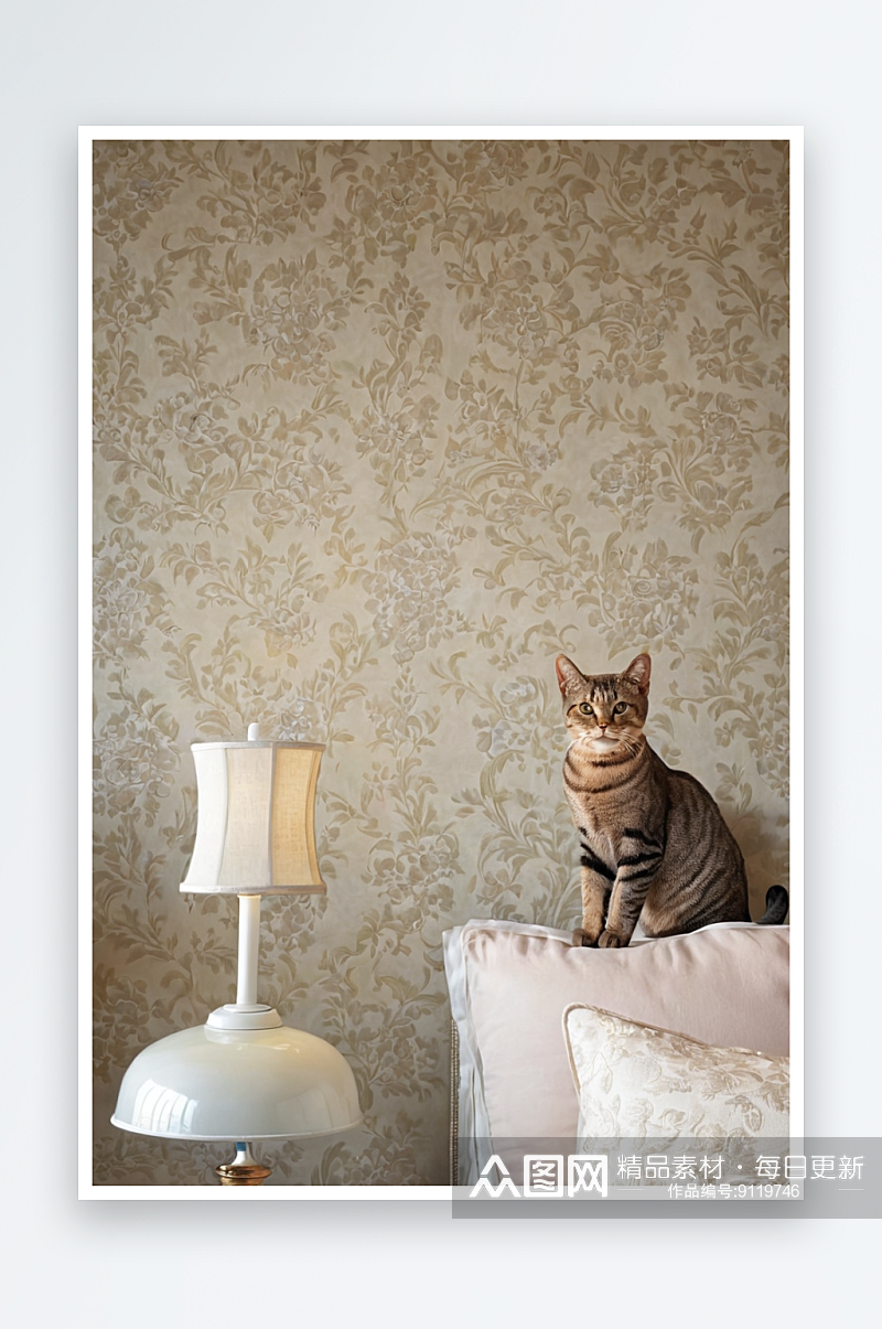 短毛猫坐床头板边靠近灯图片素材