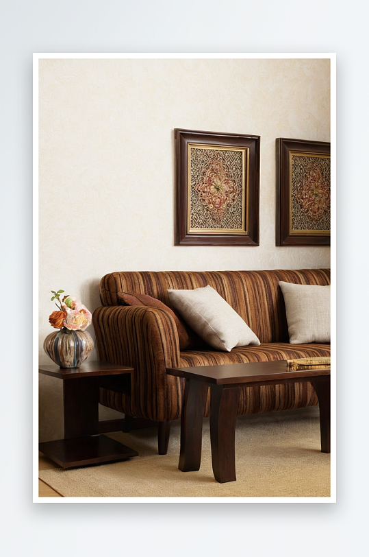 棕色条纹沙发小边桌手工制作相框壁灯图片
