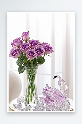 紫霞仙子玫瑰插花与水晶天鹅摆件图片