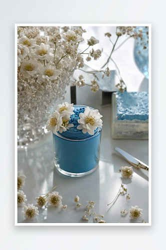 桌上放着蓝色化妆罐上面装饰着干白花朵图片