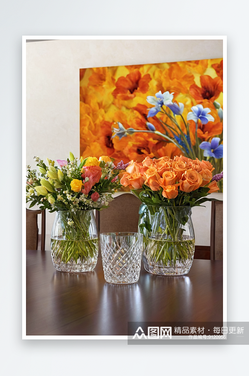 桌上玻璃花瓶里花束大花卉艺术品背景图片素材