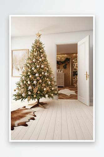装饰过圣诞树白色木地板上动物皮透过敞开门