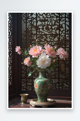 中式风格窗影里瓶花图片