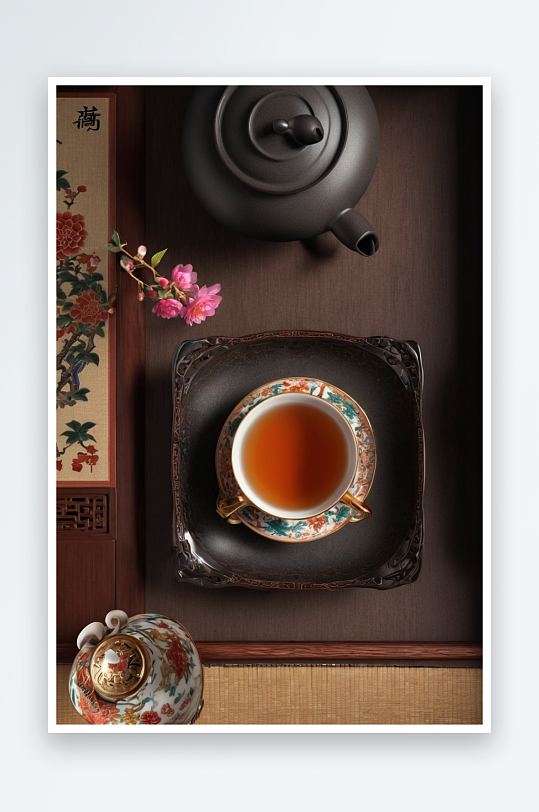 中式风格茶具场景俯拍图照片