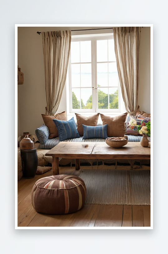 质朴室内窗前摆着木质茶几带条纹散垫沙发棕