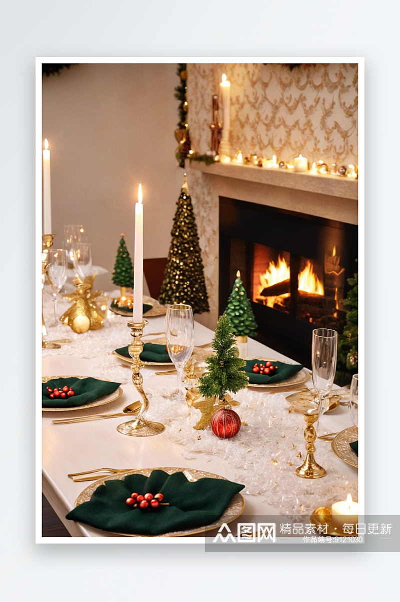 正宗装饰圣诞餐桌与蜡烛壁炉背景图片素材