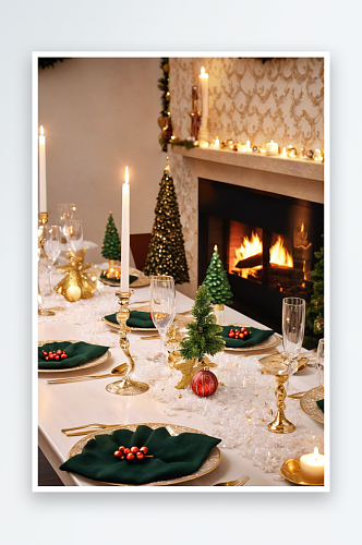 正宗装饰圣诞餐桌与蜡烛壁炉背景图片