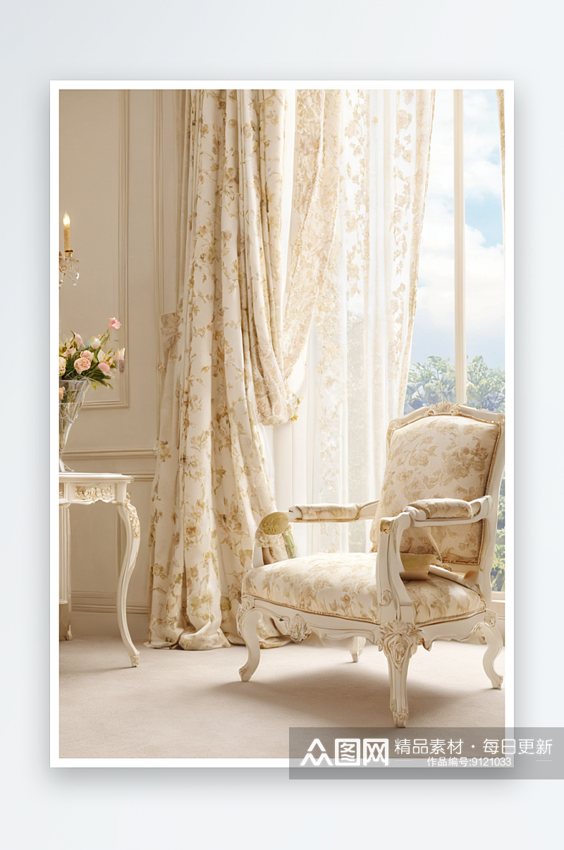 正式白色椅子旁边有窗帘窗户图片素材