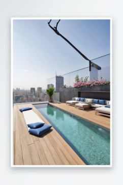 长而窄游泳池屋顶露台上沙发组合具有城景观