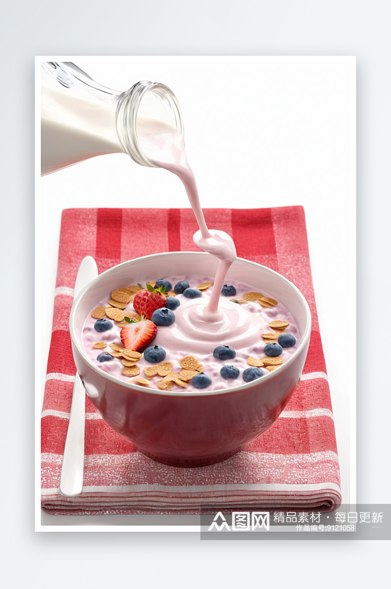 早餐一碗麦片蓝莓草莓牛奶酸奶图片素材