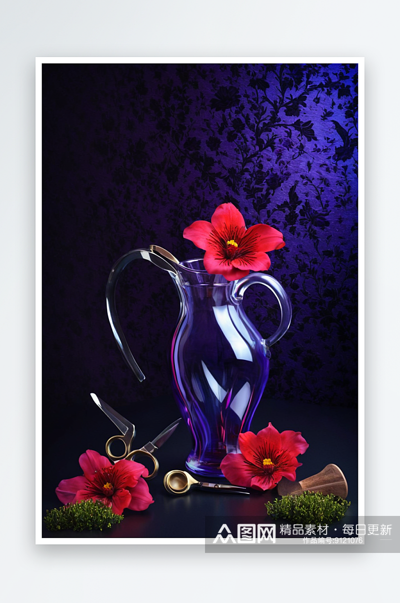 园艺剪刀顶端红色紫花玻璃罐创意插花与复制素材