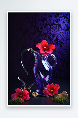 园艺剪刀顶端红色紫花玻璃罐创意插花与复制